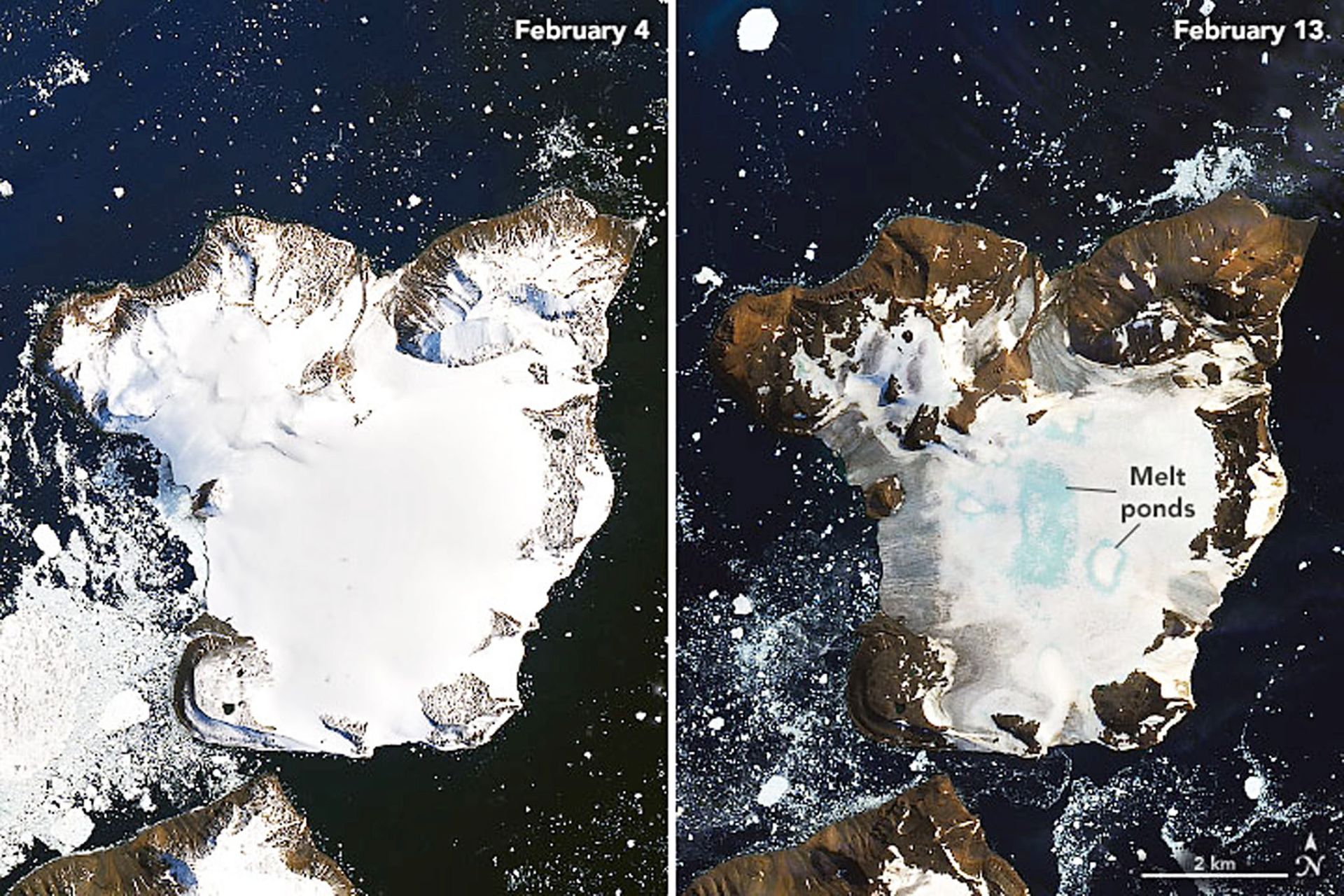 epa08234819 (COMPOSITE) A handout composite picture made available by the National Aeronautics and Space Administration (NASA) showing melting on the ice cap of Eagle Island, off Graham Land, Antarctica, taken on 04 February 2020 (L) and on 13 February 2020 (issued 21 February 2020). Weather stations on 06 February 2020 recorded the hottest temperature on record for Antarctica. Thermometers at the Esperanza Base on the northern tip of the Antarctic Peninsula reached 18.3 degrees Celsius, around the same temperature on that day in Los Angeles, California, USA. The warm spell caused widespread melting on nearby glaciers. This February heatwave was the third major melt event of the 2019-2020 summer, following warm spells in November 2019 and January 2020.  EPA/NASA EARTH OBSERVATORY HANDOUT  HANDOUT EDITORIAL USE ONLY/NO SALES
