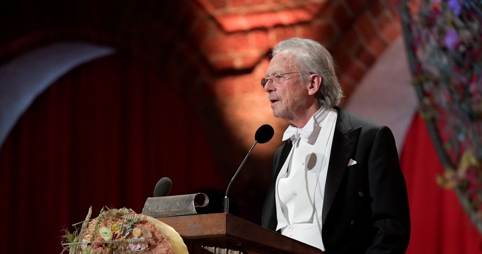 Nobel banquet at Stockholm City Hall, in Stockholm 2019 literature Nobel laureate Peter Handke gives his speech during the Nobel banquet at Stockholm City Hall, in Stockholm, Sweden December 10, 2019.  Anders Wiklund/TT News Agency/via REUTERS      ATTENTION EDITORS - THIS IMAGE WAS PROVIDED BY A THIRD PARTY. SWEDEN OUT. NO COMMERCIAL OR EDITORIAL SALES IN SWEDEN. TT NEWS AGENCY