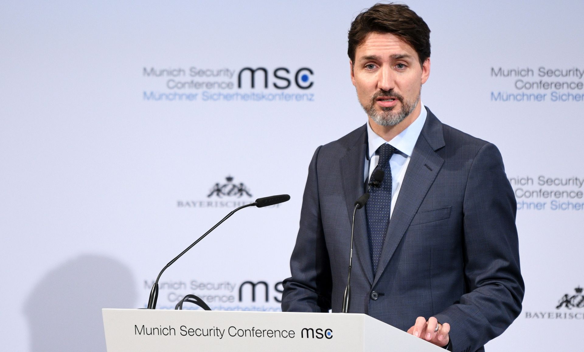 epa08217702 Canadian Prime Minister Justin Trudeau addresses an audience during the panel discussion 'Westlessness in the West: What Are We Defending?' at the 56th Munich Security Conference (MSC) in Munich, Germany, 14 February 2020. More than 500 high-level international decision-makers meet at the 56th Munich Security Conference in Munich during their annual meeting from 14 to 16 February 2020 to discuss global security issues.  EPA/PHILIPP GUELLAND