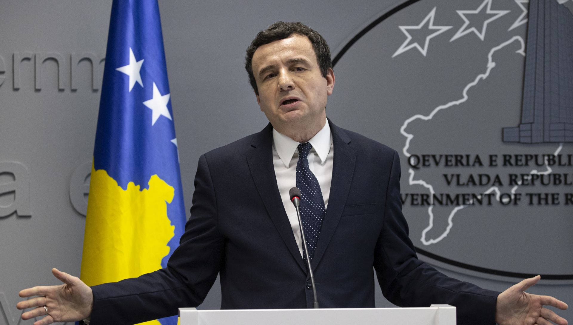 epa08249549 Prime minister of the Republic of Kosovo Albin Kurti gestures during an extraordinary press conference in Pristina, Kosovo, 26 February 2020. The Prime Minister of the Republic of Kosovo, Albin Kurti, through an official letter informed the Speaker of the Assembly of the Republic of Kosovo on the constitutional implications of the exchange of letters dated April 19, 2013 between the then Prime Minister Hashim Thaci and the then Secretary General of NATO, Anders Fogh Rasmussen. Through this agreement, Prime Minister Thaci, on behalf of the Republic of Kosovo, transferred to KFOR the absolute veto power over all future Kosovo Security Force (KSF) missions in the north of Kosovo for an unenforceable period.  EPA/VALDRIN XHEMAJ
