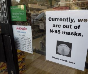 epa08257759 A sign hangs on a True Value hardware store, stating protective masks are sold out, in Orinda, California, USA, 28 February 2020. The Centers for Disease Control and Prevention confirmed a possible first case of non-travel related person-to-person transmission of COVID-19 and the coronavirus in California.  EPA/JOHN G. MABANGLO