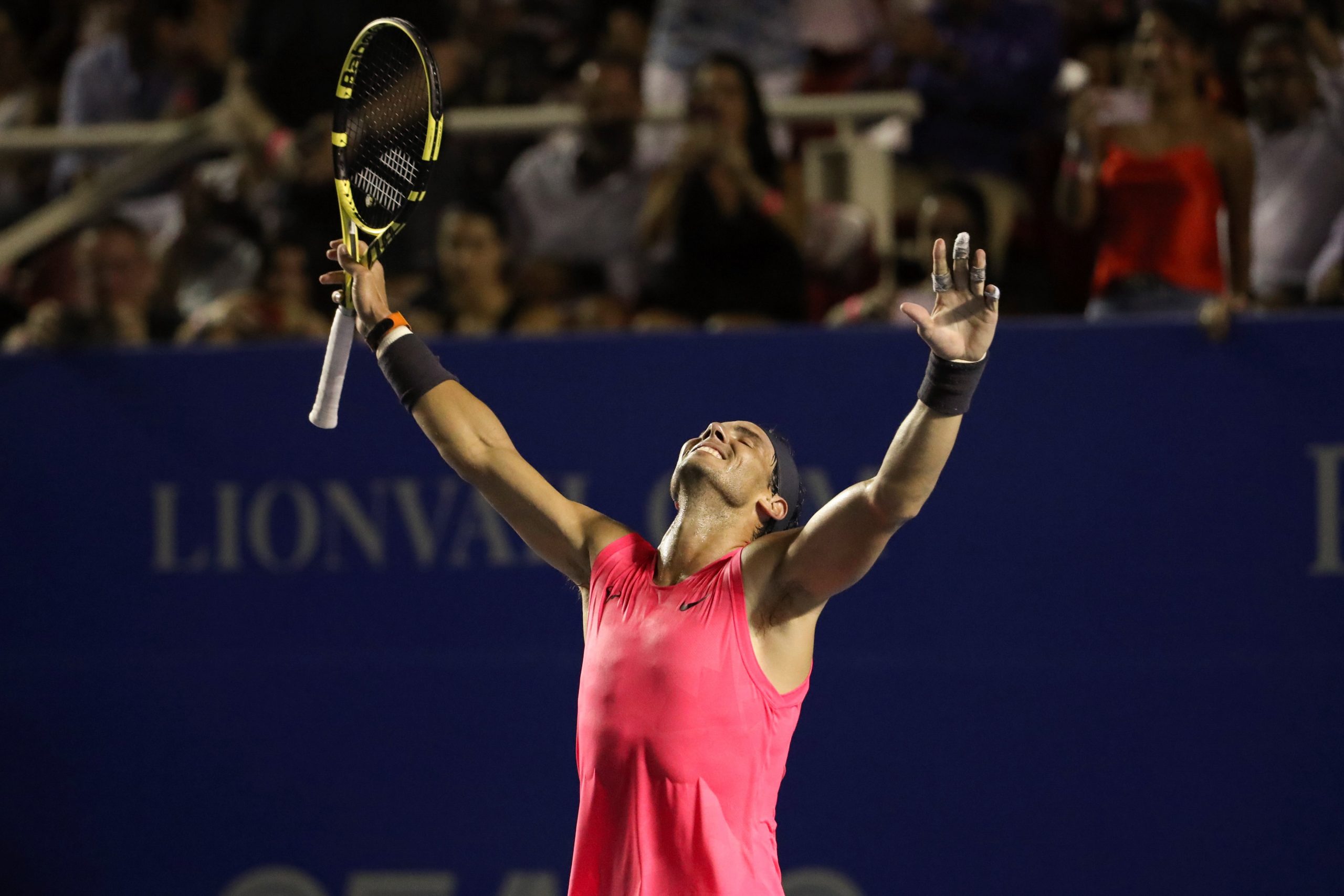 epa08261369 Rafael Nadal of Spain celebrates after defeating Taylor Fritz of the USA in the Men's singles final match of Mexican Open tennis tournament in Acapulco, Mexico, 29 February 2020.  EPA/DAVID GUZMAN