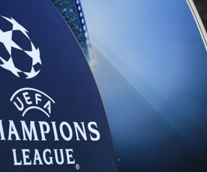 FILED - 21 February 2017, North Rhine-Westphalia, Leverkusen: A general view of the UEFA Champions League logo displayed in the stadium ahead of the UEFA Champions League Round of 16 second leg soccer match between Bayer Leverkusen and Atletico Madrid at the BayArena. the Champions League football match between Paris Saint-Germain and Borussia Dortmund on Wednesday will take place behind closed doors because of the coronavirus outbreak. Photo: picture alliance / Marius Becker/dpa