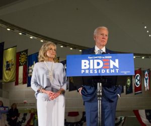 epaselect epa08284890 Democratic Party presidential candidate Joe Biden (R), accompanied by his wife Jill Biden (L), speaks at a primary night event at the National Constitution Center in Philadelphia, Pennsylvania, USA, 10 March 2020. Results from primary elections in five states come in on the evening of 10 March, as Biden and Sanders compete for the Democratic party nomination.  EPA/TRACIE VAN AUKEN