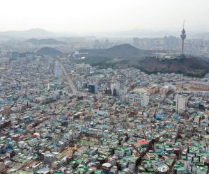 epa08291195 An aerial view of the coronavirus-hit city of Daegu, South Korea, 13 March 2020. South Korea’s Central Disaster and Safety Countermeasures Headquarters plans to designate the city, 302 kilometers southeast of Seoul, and surrounding North Gyeongsang Province as ‘special disaster zones’ starting 15 March. The move should provide a variety of benefits, including tax cuts to residents.  EPA/YONHAP SOUTH KOREA OUT