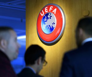 epa08291633 (FILE) - The UEFA logo on display after the meeting of the UEFA Executive Committee at the UEFA Headquarters in Nyon, Switzerland, 07 December 2017 (re-issued on 13 March 2020). The UEFA has postponed all Champions League and Europa League soccer matches next week amid the coronavirus COVID-19 pandemic, the European football's governing body confirmed on 13 March 2020.  EPA/LAURENT GILLIERON *** Local Caption *** 53943376