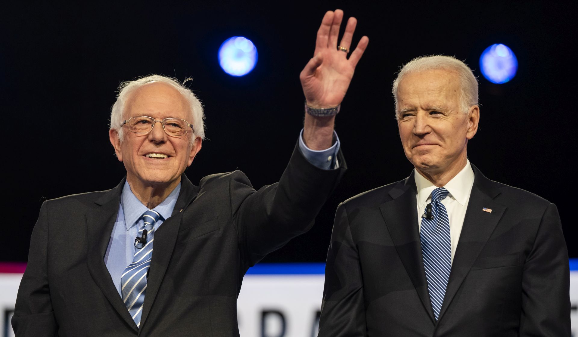 epaselect Democratic presidential candidates Bernie Sanders (L) and Joe Biden (R) stand on stage during the tenth Democratic presidential debate at the Gaillard Center in Charleston, South Carolina, USA, 25 February, 2020. The South Carolina primary is scheduled for 29 February 2020.