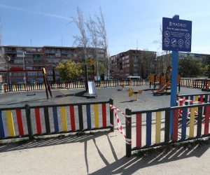epa08292289 View of closed children's playground in a district of Madrid, Spain, 13 March 2020. Madrid regional authorities ruled that all stores, except grocery stores and pharmacies, will close from 14 March to avoid the spread of coronavirus. In Madrid, there are more than 2,000 infected people and 64 fatalities by COVID-19.  EPA/Kiko Huesca