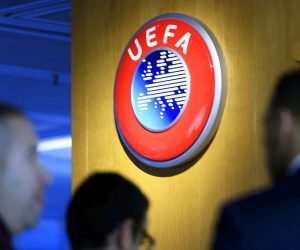 epa08333617 (FILE) - The UEFA logo on display after the meeting of the UEFA Executive Committee at the UEFA headquarters in Nyon, Switzerland, 07 December 2017 (re-issued on 31 March 2020). The UEFA and Europe's national football associations will hold a video conference on 31 March 2020 to discuss options on how to complete the 2019-20 season amid the ongoing coronavirus COVID-19 pandemic.  EPA/LAURENT GILLIERON *** Local Caption *** 55950362