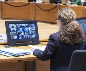 Bruxelles, 3.4.2020 - Videokonferencija ministara vanjskih poslova drava èlanica EU-a na kojoj je glavna tema bila borba protiv koronavirusa. 
foto HINA/ EU/ Zucchi-Enzo/ ua