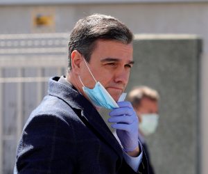 epa08340697 Spansih Prime Minister, Pedro Sanchez, arrives to Hersill factory in Mostoles, Madrid, Spain, 03 April 2020. The company will be manufacturing a 100 ventilators per day in order to supply hospitals. The Government has signed a contract for a total of 5,000 ventilators to be supplied during the next weeks.  EPA/JuanJo Martín