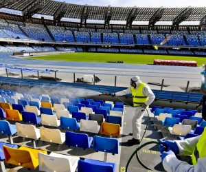 epa08370784 (FILE) - Operators of 'Napoli Servizi' sanitize the San Paolo stadium in Naples to prevent the dangers of contagion of Coronavirus, Naples, Italy, 04 March 2020 (reissued on 18 April 2020). According to Italian media reports the 'Artemio Franchi' in Florence could be one of the stadiums to host the rest of Serie A season if and when the Italian soccer league will get the green light to re-start after the suspension for the coronavirus COVID-19 pandemic.  EPA/CIRO FUSCO *** Local Caption *** 55926858