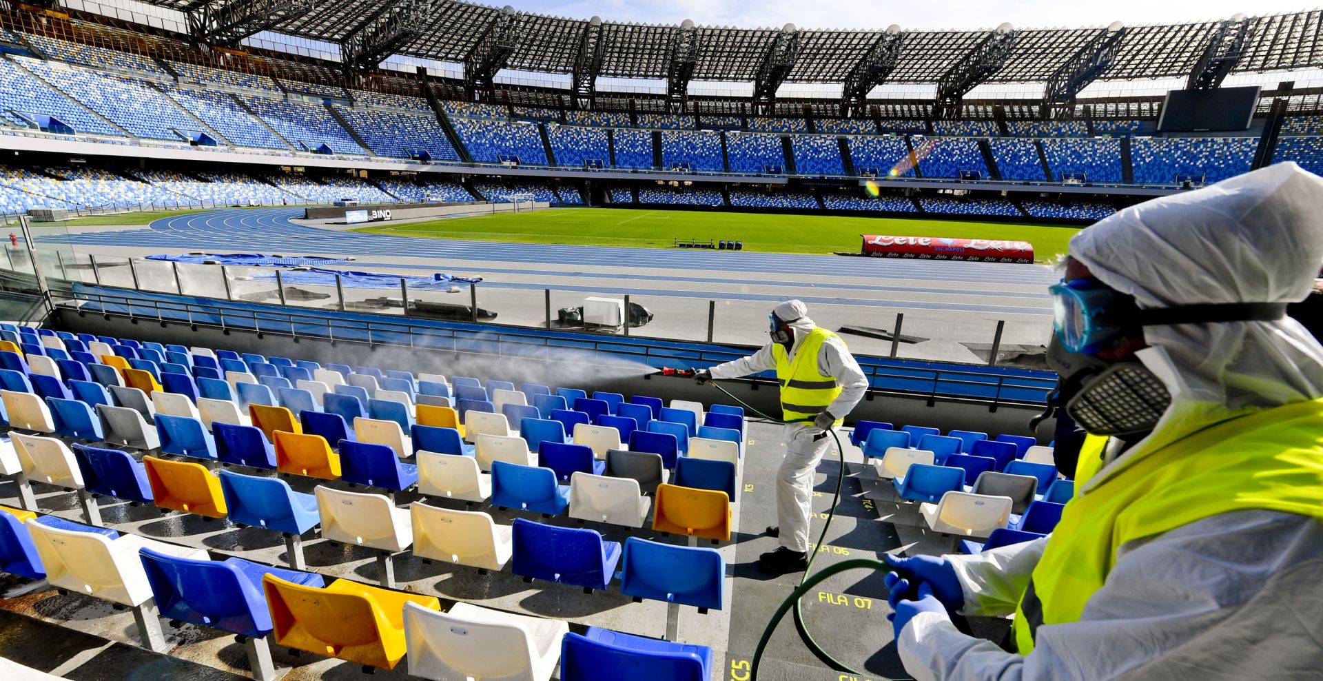 epa08370784 (FILE) - Operators of 'Napoli Servizi' sanitize the San Paolo stadium in Naples to prevent the dangers of contagion of Coronavirus, Naples, Italy, 04 March 2020 (reissued on 18 April 2020). According to Italian media reports the 'Artemio Franchi' in Florence could be one of the stadiums to host the rest of Serie A season if and when the Italian soccer league will get the green light to re-start after the suspension for the coronavirus COVID-19 pandemic.  EPA/CIRO FUSCO *** Local Caption *** 55926858