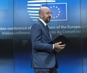 epa08380378 European Council President Charles Michel arrives for a joint a news conference with European Commission President Ursula Von Der Leyen (unseen) after a video conferenced EU summit with  European heads of state and governments to discuss measures related to the COVID-19 disease, in Brussels, Belgium, 23 April 2020.  EPA/OLIVIER HOSLET / POOL