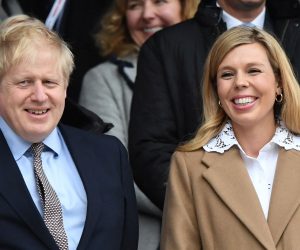 epa08390710 (FILE) British Prime Minister, Boris Johnson (L) and his partner Carrie Symonds (R) during the Six Nations rugby match between England and Wales held at Twickenham stadium in London, Britain, 07 March 2020 (reissued 29 April 2020). British Prime Minister Boris Johnson and his partner Carrie Symonds announced on 29 April 2020 the birth of their baby son.  EPA/FACUNDO ARRIZABALAGA *** Local Caption *** 55935636