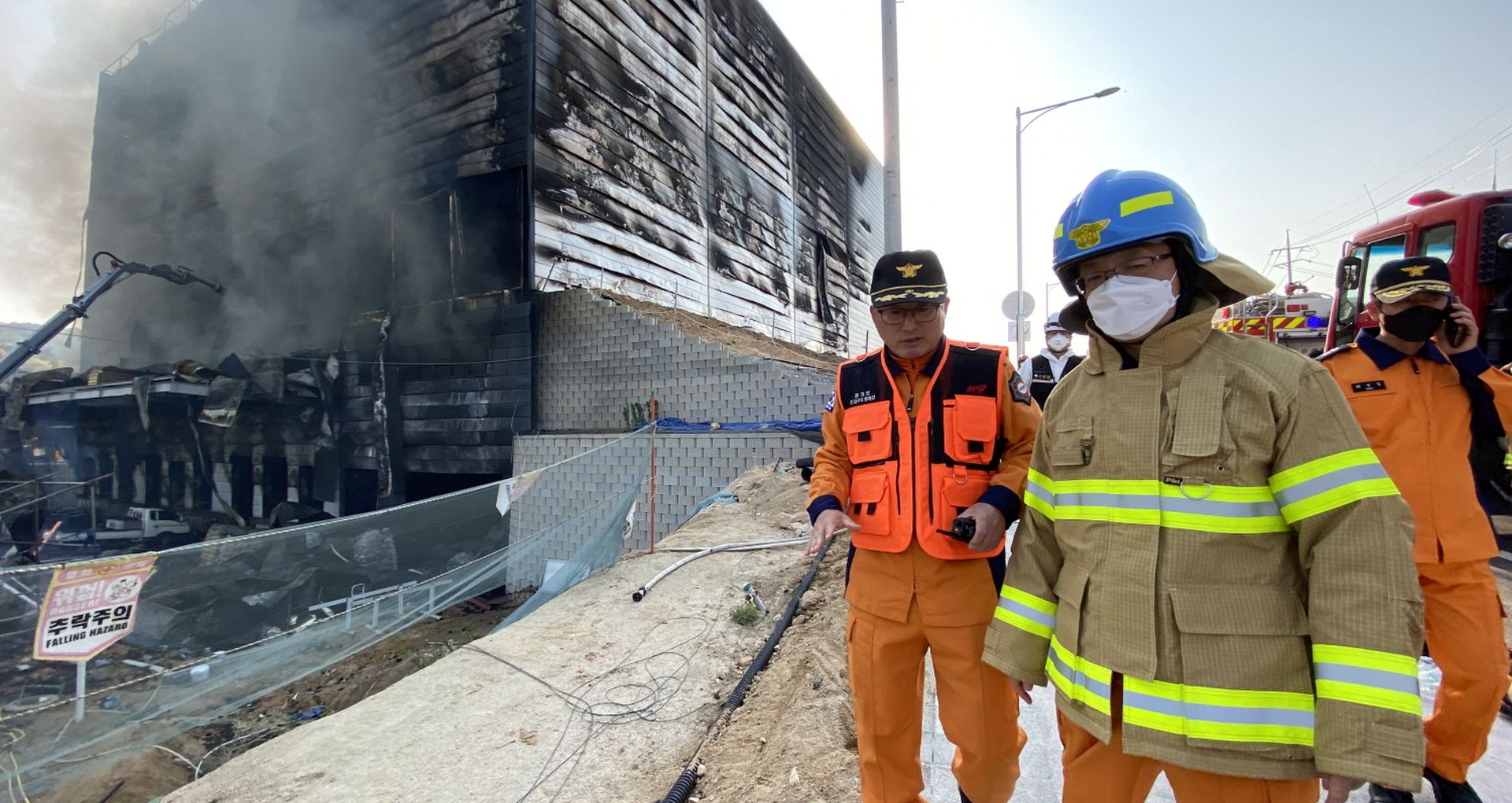 epa08390856 Firefighters after a fire engulfed a construction site for a distribution warehouse in Icheon, south of Seoul, South Korea, 29 April 2020. The fire, which broke out around 1:32 p.m. local time, killed 25 workers and left at least seven others injured.  EPA/YONHAP SOUTH KOREA OUT