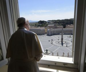 epa08384968 A handout picture provided by the Vatican Media shows Pope Francis at the window after the Recitation of the Regina Coeli prayer at the Library of the Apostolic Palace, Vatican, 26 April 2020. At the Regina Coeli, Pope Francis reflects on the story of the disciples who meet Jesus on the road to Emmaus.  EPA/VATICAN MEDIA HANDOUT  HANDOUT EDITORIAL USE ONLY/NO SALES