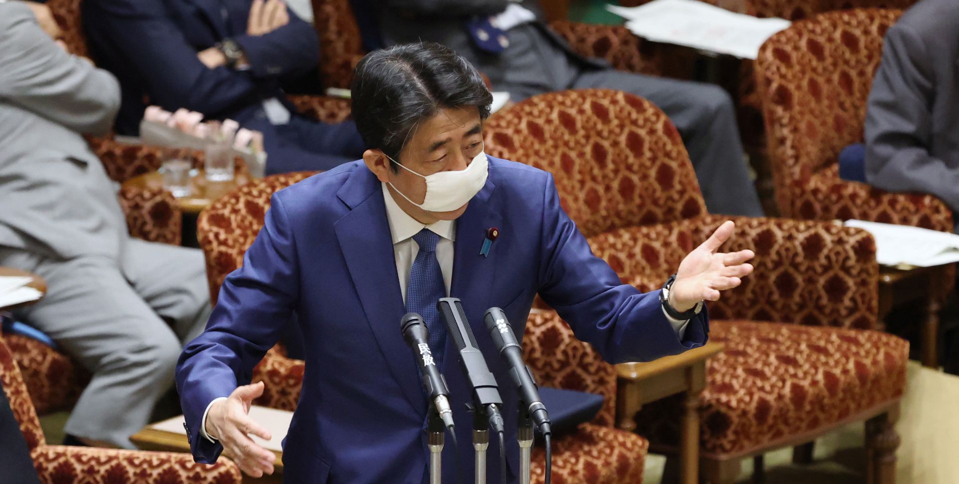 epa08392847 Japan's Prime Minister Shinzo Abe wears a face mask while speaking during a budget committee session at the parliament in Tokyo, Japan, 30 April 2020. According to latest media reports, Prime Minister Abe may extend the nationwide state of emergency scheduled to end on 06 May 2020.  EPA/JIJI PRESS JAPAN OUT EDITORIAL USE ONLY/  NO ARCHIVES