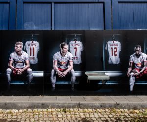 epa08402268 Painting shows German Bundesliga RB Leipzig  players (L-R) Timo Werner, Marcel Sabitzer and Ibrahima Konate on wall of club's  fanshop in Leipzig, Germany, 05 May 2020. The German Football Association (DFL) has presented a comprehensive concept for the resumption of play amid the ongoing coronavirus COVID-19 pandemic. In order to slow down the spread of the COVID-19 disease caused by the SARS-CoV-2 coronavirus, the Bundesliga has been on a break since 13 March 2020.  EPA/FILIP SINGER
