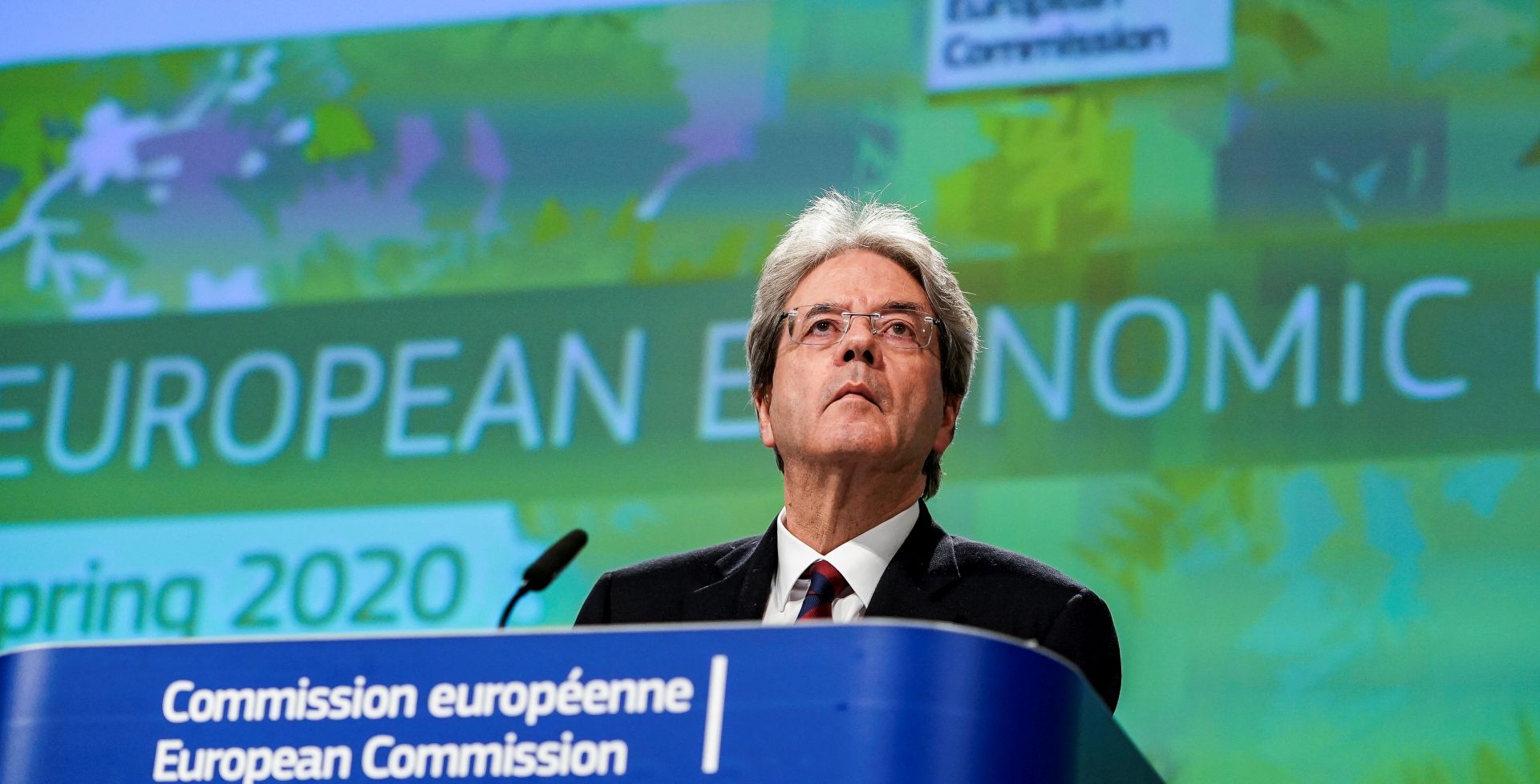 epa08404684 European Commissioner for Economy, Paolo Gentiloni speaks during a press conference on the Spring 2020 Economic Forecast in the European Union in Brussels, Belgium, 06 May 2020, amid the ongoing coronavirus COVID-19 pandemic.  EPA/KENZO TRIBOUILLARD / POOL