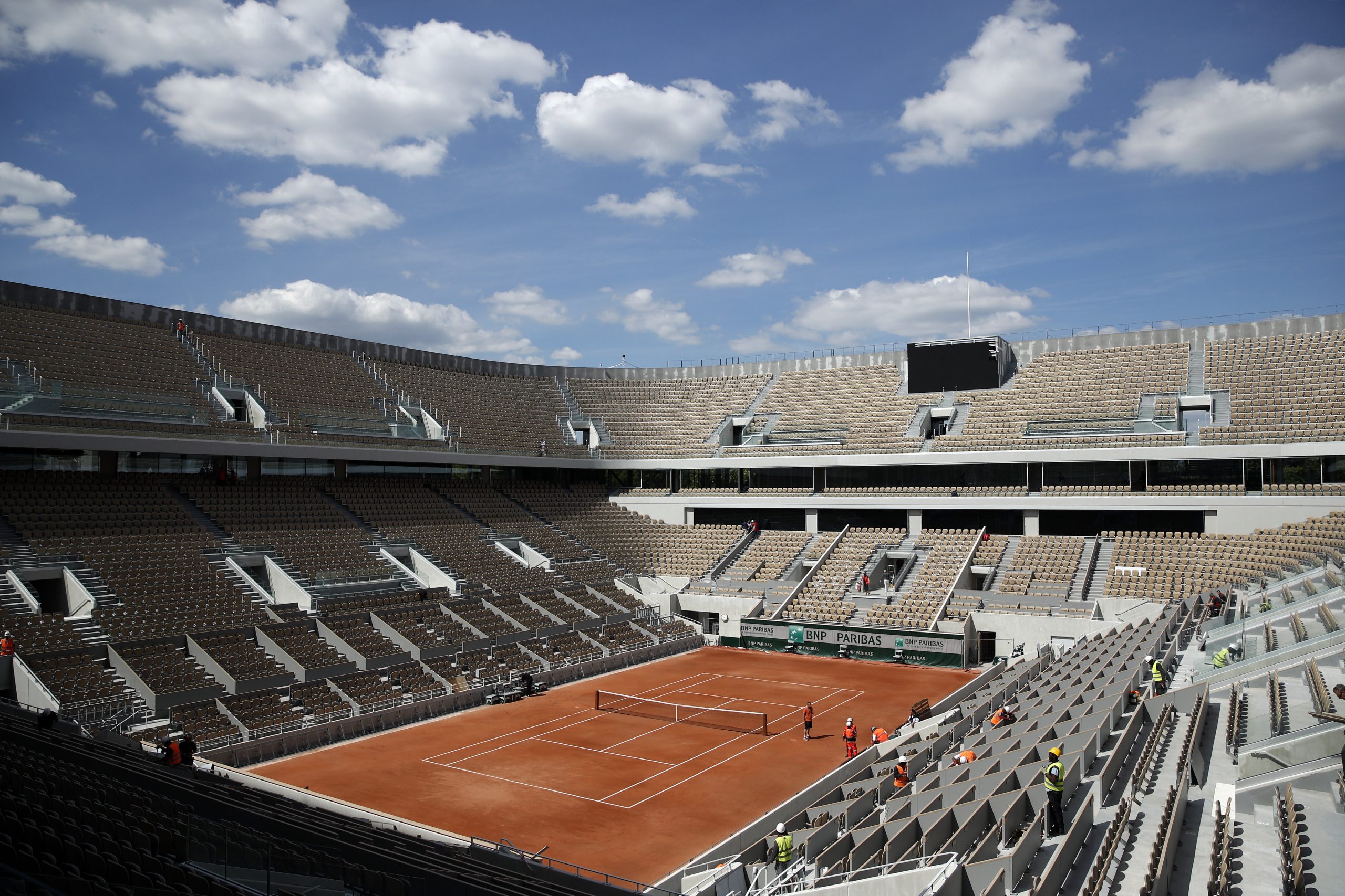 epa08413400 (FILE) - General view of the new Central court at Roland Garros in Paris, France, 16 May 2019. The French Open tennis tournament at Roland Garros in Paris will run from 26 May to 09 June 2019, re-issued 10 May 2020. The organisers of the French Open no longer rule out the possibility of holding the most important clay court tournament on the tennis calendar without spectators. "Organising the tournament behind closed doors would allow part of the business model, the servicing of the television rights, to take place. This should not be overlooked," said Bernard Giudicelli, President of the French Tennis Federation FFT. Most recently, France's Minister of Sport, Roxana Maracineanu, clearly rejected the idea of holding the Grand Slam tournament without spectators.  EPA/YOAN VALAT *** Local Caption *** 55198323