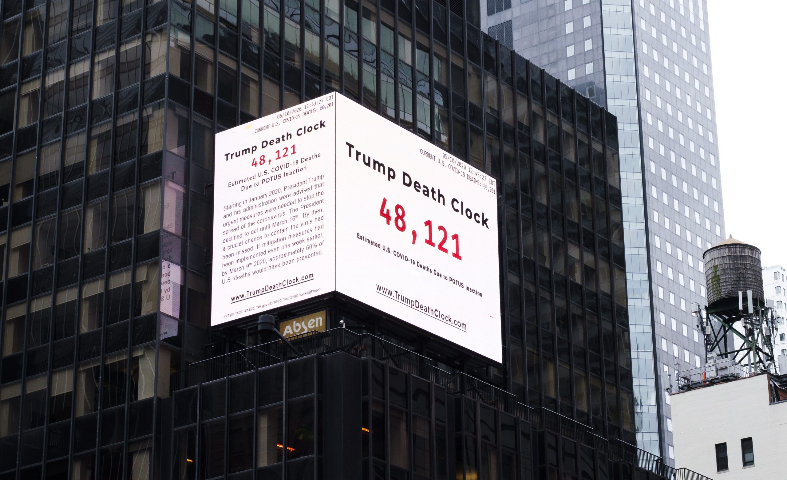 epa08415432 A billboard in Times Square shows the estimated number of people who have died of COVID-19 in the United States since the start of the coronavirus pandemic under the title 'Trump Death Clock' in New York, New York, USA, 11 May 2020. The billboard is an offspring of a website started by filmmaker Eugene Jarecki and shows the number of the estimated number of victims being updated in real-time.  EPA/JUSTIN LANE
