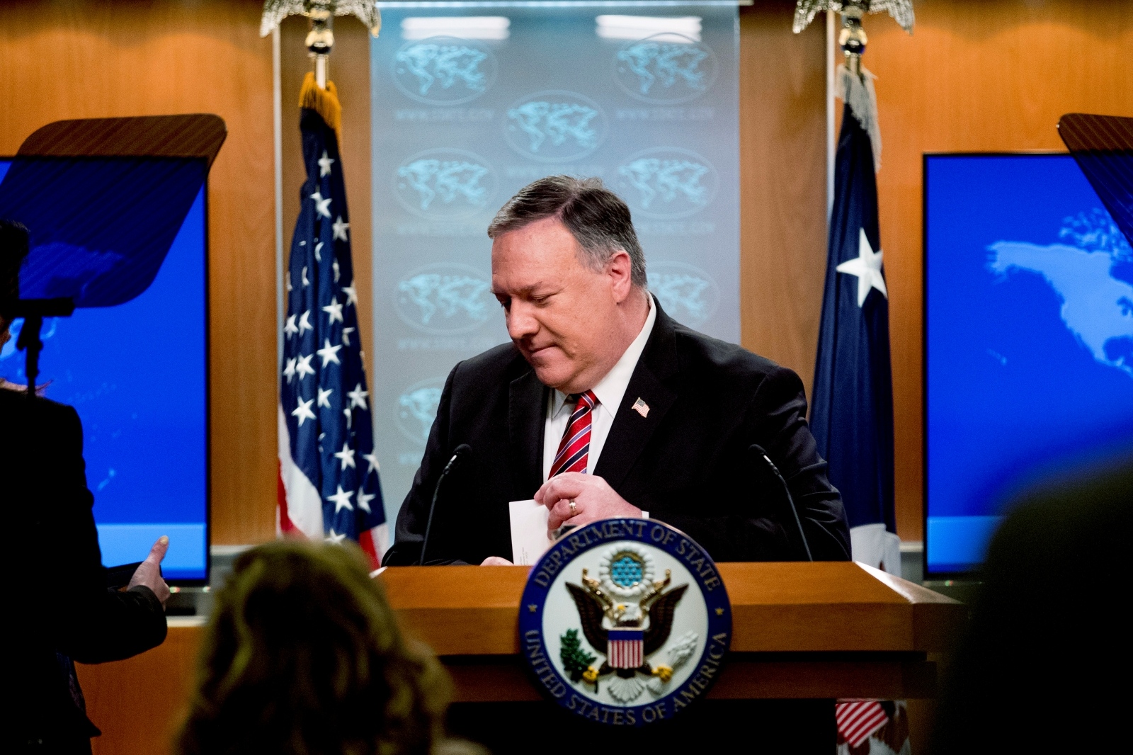 U.S. Secretary of State Mike Pompeo holds a news briefing U.S. Secretary of State Mike Pompeo steps away from the podium following a news conference at the State Department, in Washington, U.S., April 29, 2020. Andrew Harnik/Pool via REUTERS POOL