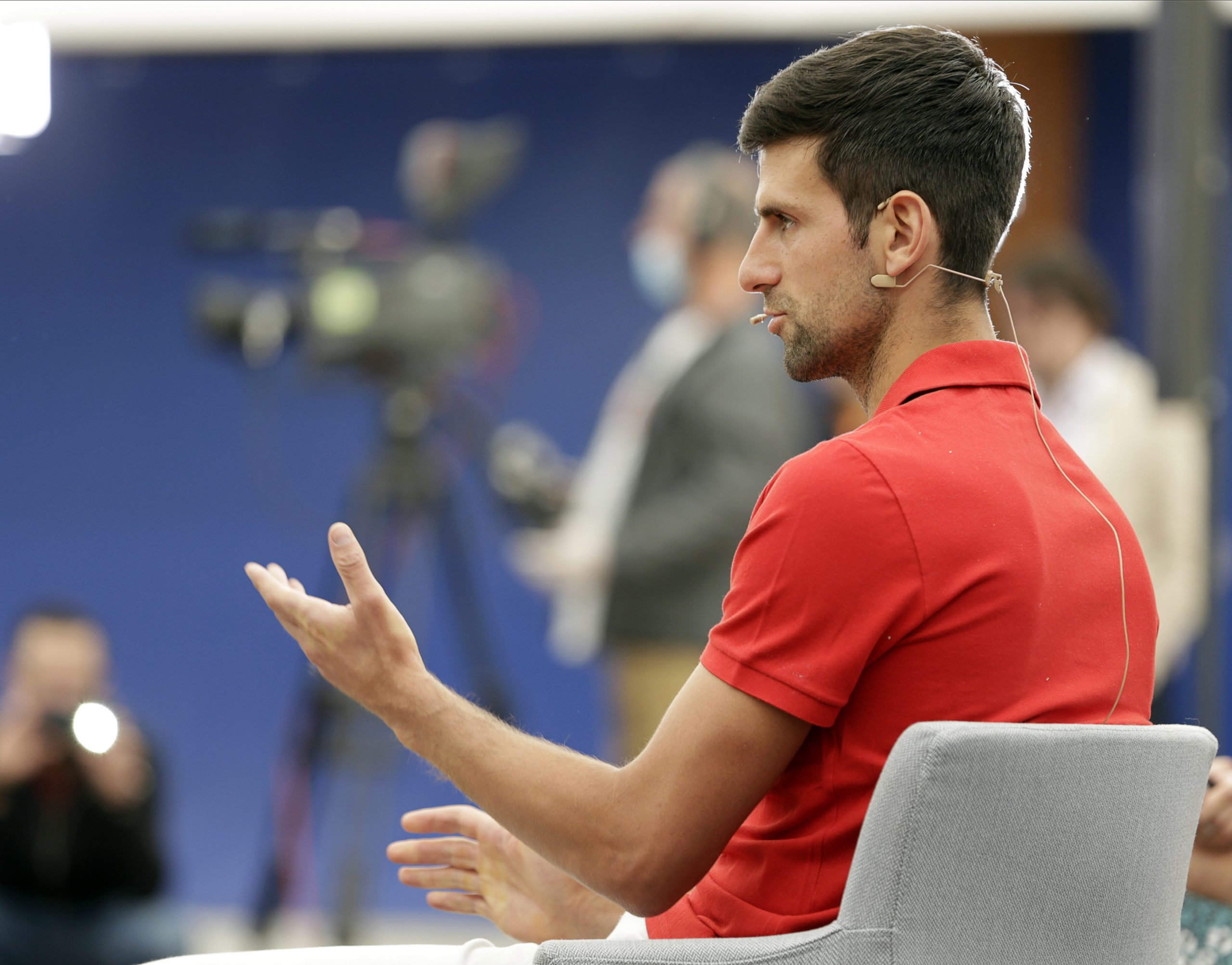 epa08443508 Serbian tennis player Novak Djokovic speaks during a press conference on the upcoming Adria Tour tennis tournament in Belgrade, Serbia, 25 May 2020. Novak Djokovic presented the Adria Tour tennis tournaments to be played in Serbia, Croatia, Montenegro, and Bosnia and Hercegovina.  EPA/ANDREJ CUKIC