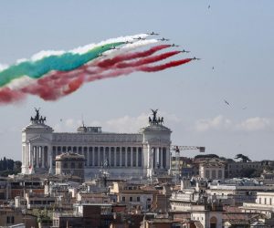 epa08459635 Italian Air Forces aerobatic demonstration team Frecce Tricolori fly during the celebrations of Republic Day, in Rome, Italy, 02 June 2020. The anniversary marks the proclamation of the Italian Republic in 1946.  EPA/GIUSEPPE LAMI