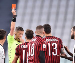 epa08481620 Milan's Ante Rebic (front C) is sent off during the Coppa Italia semi final, second leg soccer match between Juventus FC and AC Milan in Turin, Italy, 12 June 2020.  EPA/ALESSANDRO DI MARCO