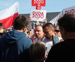 epa08510006 President Andrzej Duda (C) during a meeting with the inhabitants of Konin, Poland, 26 June 2020. Poland will hold its presidential election on 28 June 2020. Poles will be able to vote in polling stations with adherence to a strict sanitary regime, or by postal vote.  EPA/Roman Zawistowski POLAND OUT