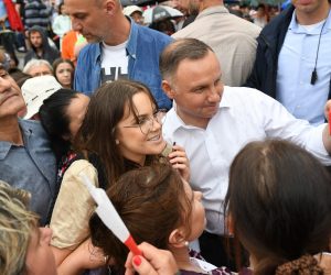epa08516038 Polish President and candidate for Poland's president of main ruling party Law and Justice (PiS) Andrzej Duda (R) attends his meeting with local residents during his visit in Kwidzyn, northern Poland, 29 June 2020. Incumbent President Andrzej Duda won 43.67 % of votes in the presidential election held on 28 June while his main rival, Rafal Trzaskowski, 30.34 percent, the State Electoral Commission said on 29 June, having published results from 99.78 percent of polling stations. The right-wing incumbent president and his main contender, the centrist Civic Coalition candidate, will meet in the second round of presidential elections on 12 July 2020.  EPA/Adam Warzawa