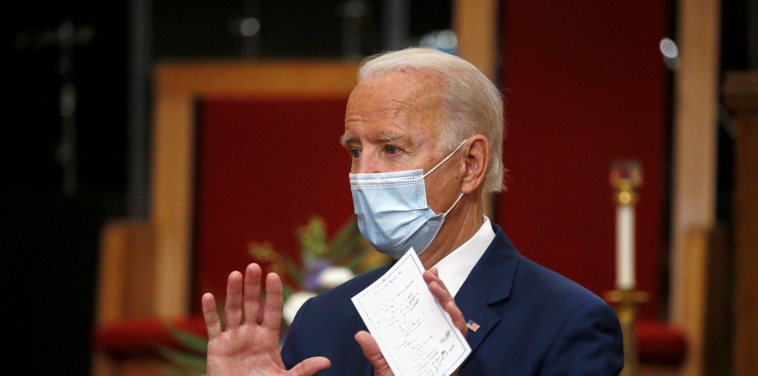 U.S. Democratic presidential candidate and former Vice President Joe Biden visits the Bethel AME Church in Wilmington U.S. Democratic presidential candidate and former Vice President Joe Biden wears a protective face mask as he speaks during a visit to the Bethel AME Church in Wilmington, Delaware, U.S. June 1, 2020. REUTERS/Jim Bourg JIM BOURG