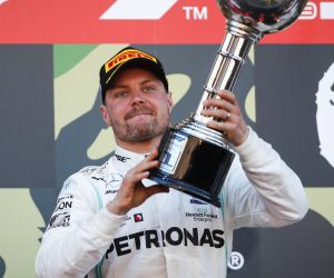 epa08480439 (FILE) -  Finnish Formula One driver Valtteri Bottas of Mercedes AMG GP celebrates on the podium with his trophy after winning the Japanese Formula One Grand Prix in Suzuka, Japan, 13 October 2019 (re-issued on 12 June 2020). On 12 June 2020 the FIA (Federation Internationale de l'Automobile) announced that the 2020 Formula One Grand Prix of Japan, as well of the Azerbaijan Grand Prix and Singapore Grand Prix have been cancelled 'As a result of the ongoing challenges presented by COVID-19'.  EPA/DIEGO AZUBEL *** Local Caption *** 55544199