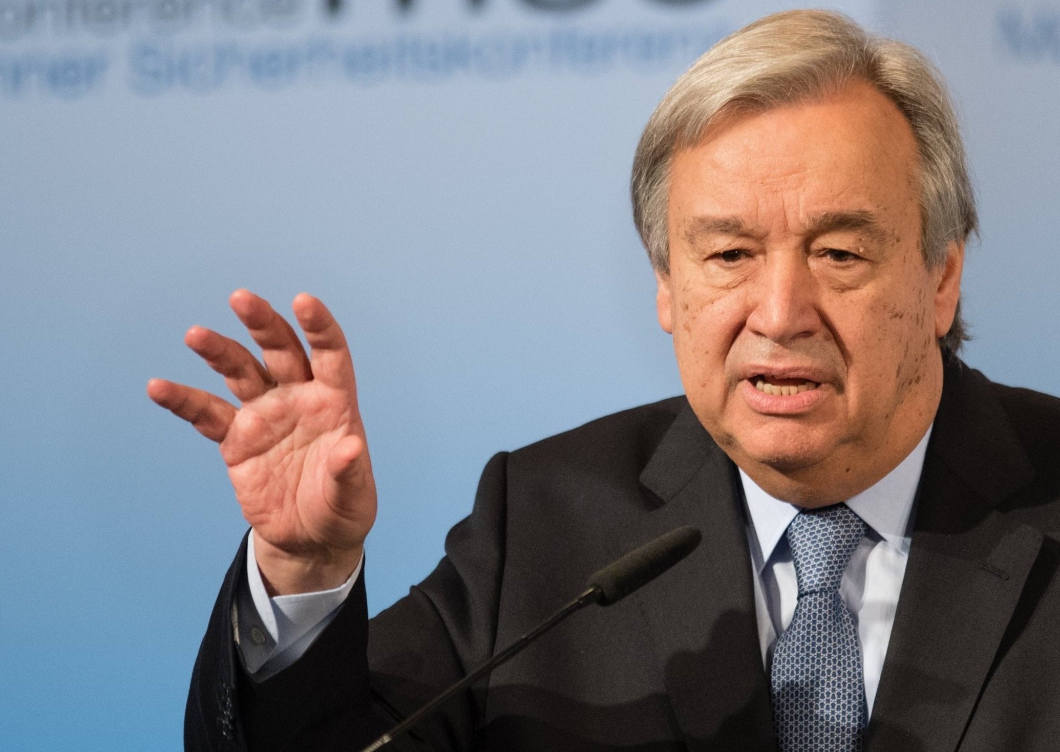 FILED - 18 February 2017, Bavaria, Munich: UN Secretary General Antonio Guterres speaks during the Munich Security Conference at the Bayerischer Hof. In view of the Coronavirus crisis, Guterres has called for more international cooperation against pandemics. Photo: Matthias Balk/dpa