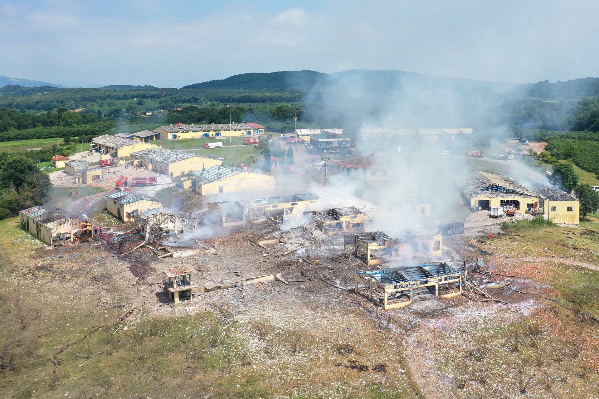 epa08525379 An aerial view of the firework factory following a blast in Hendek district of Sakarya city, Turkey, 03 July 2020. At last four workers died and 97 were injured in the incident, reports state. 

TURKEY OUT, USA OUT, UK OUT, CANADA OUT, FRANCE OUT, SWEDEN OUT, IRAQ OUT, JORDAN OUT, KUWAIT OUT, LEBANON OUT, OMAN OUT, QATAR OUT, SAUDI ARABIA OUT, SYRIA OUT, UAE OUT, YEMEN OUT, BAHRAIN OUT, EGYPT OUT, LIBYA OUT, ALGERIA OUT, MOROCCO OUT, TUNISIA OUT, SHUTTERSTOCK OUT  EPA/TAHIR TURAN EROGLU  SHUTTERSTOCK OUT