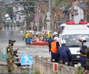 epa08528711 Rescue operationns continue in Kuma, Kumamoto prefecture, southwestern Japan, 05 July 2020. According to latest madia reports, more than 30 people are feared to have died and at least 14 are still missing due to the floods that hit Kumamoto prefecture on 04 July.  EPA/JIJI PRESS JAPAN OUT EDITORIAL USE ONLY/  NO ARCHIVES