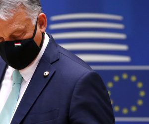 epa08553185 Hungarian Prime Minister Viktor Orban wearing a face mask at the start of the second day of an EU summit in Brussels, Belgium, 18 July 2020. European Union nations leaders meet face-to-face for the first time since February to discuss plans responding to coronavirus crisis and new long-term EU budget at the special European Council on 17 and 18 July.