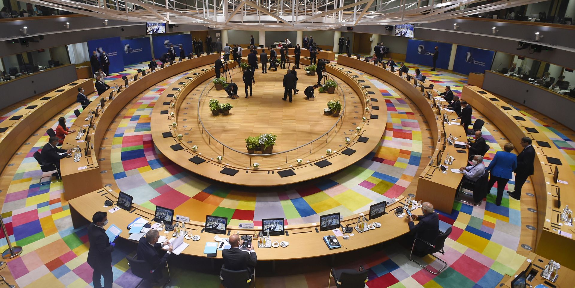 epa08553224 A general view of the second day of an EU summit in Brussels, Belgium, 18 July 2020. European Union nations leaders meet face-to-face for the first time since February to discuss plans responding to coronavirus crisis and new long-term EU budget at the special European Council on 17 and 18 July.