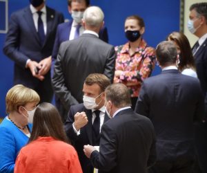 epa08553222 (L-R, front) German Chancellor Angela Merkel, France's President Emmanuel Macron, Finland's Prime Minister Sanna Marin and Sweden's Prime Minister Stefan Lofven at the start of the second day of the European Council in Brussels, Belgium, 18 July 2020. European Union nations leaders meet face-to-face for the first time since February to discuss plans responding to coronavirus crisis and new long-term EU budget at the special European Council on 17 and 18 July