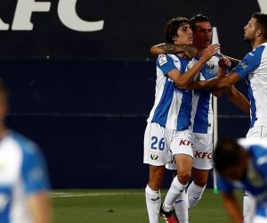 epa08555598 CD Leganes' Bryan Gil (L) celebrates with teammates after scoring the 1-1 goal during the Spanish LaLiga soccer match between CD Leganes and Real Madrid held at Butarque stadium, in Leganes, Madrid, Spain, 19 July 2020.  EPA/Mariscal