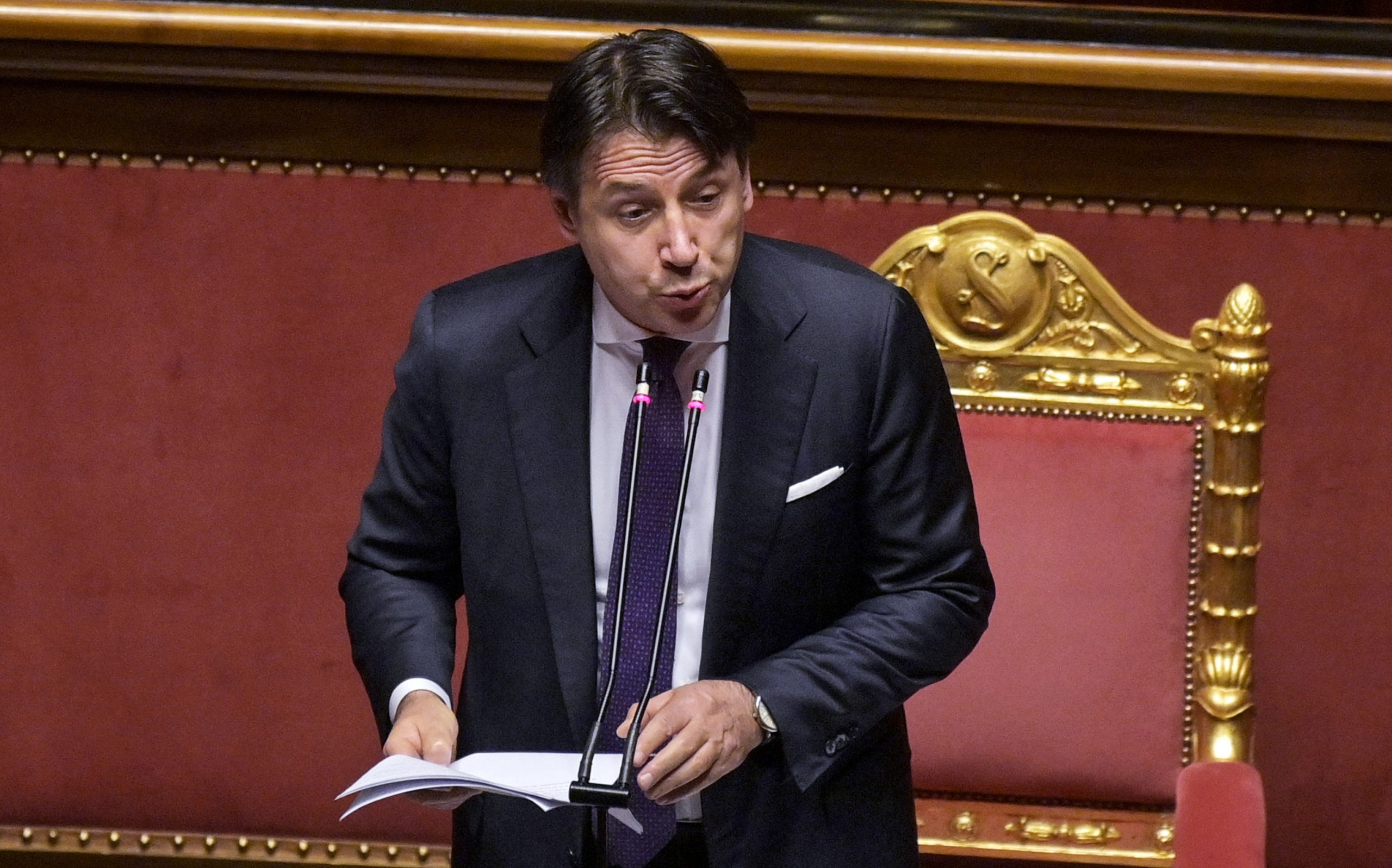 epa08560074 Italian Prime Minister Giuseppe Conte delivers a speech about an EU deal on a post-coronavirus Recovery Fund, at the Senate, in Rome, Italy, 22 July 2020. EU leaders have reached a deal on a post-coronavirus Recovery Fund during a five-day summit, the longest summit in the union's history.  EPA/RICCARDO ANTIMIANI