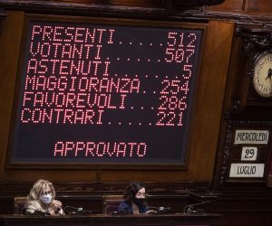 epa08572235 A view of the screen displaying members of the Italian Parliament vote after Prime Minister Giuseppe Conte's speech on the extension on the state of emergency due to the COVID-19 coronavirus pandemic in Rome, Italy, 29 July 2020.  EPA/CLAUDIO PERI