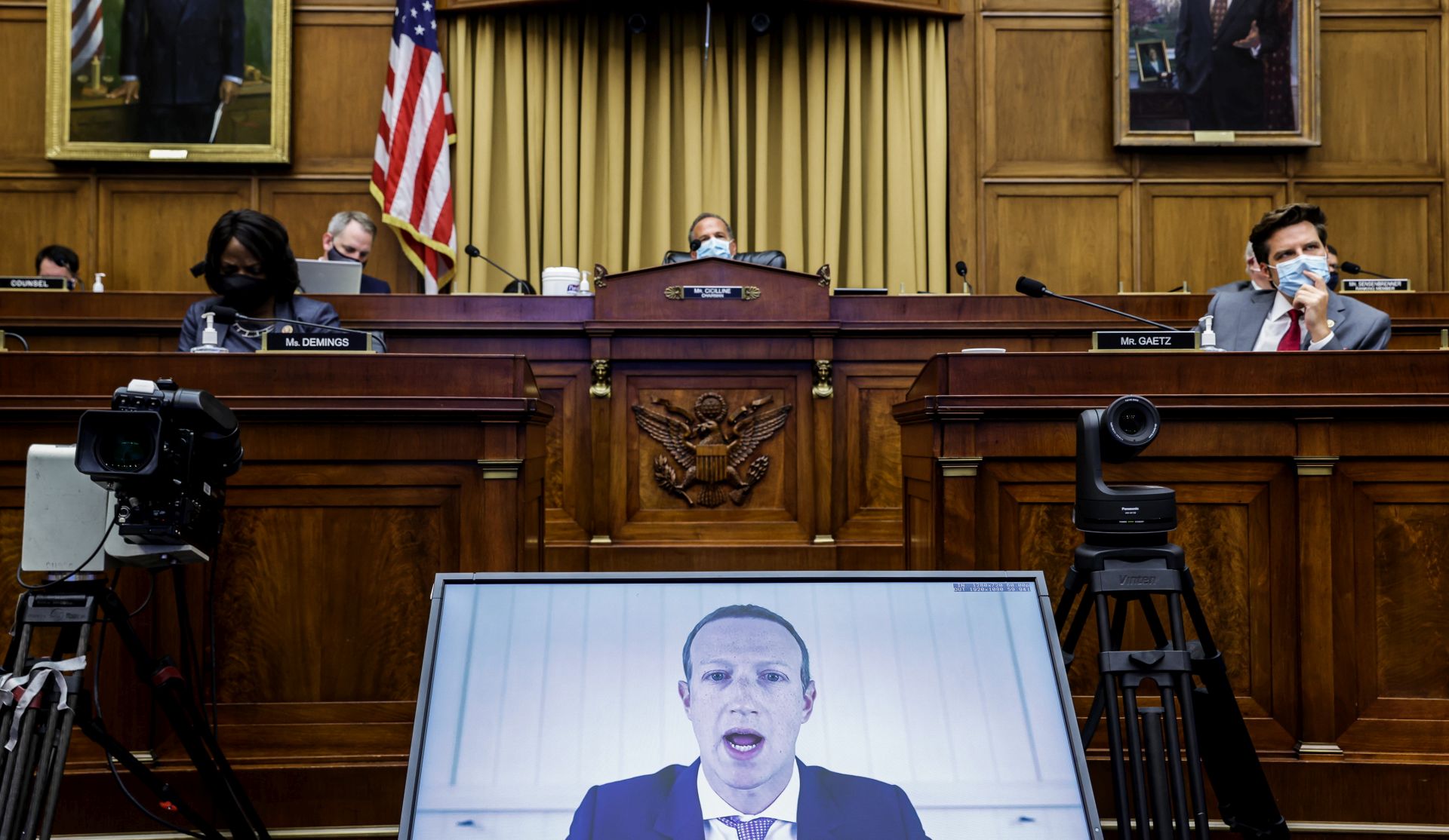 epa08573160 Facebook CEO Mark Zuckerberg speaks via video conference during a House Judiciary Subcommittee on Antitrust, Commercial and Administrative Law on 'Online Platforms and Market Power' in the Rayburn House office Building on Capitol Hill in Washington, DC, USA, on 29 July 2020.  EPA/Graeme Jennings / POOL