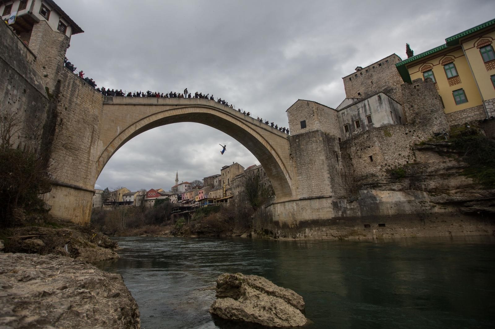 01.03.2020.Mostar - Skok sa Starog mosta povodom Dana neovisnost. 

Photo: Denis Kapetanovic/PIXSELL