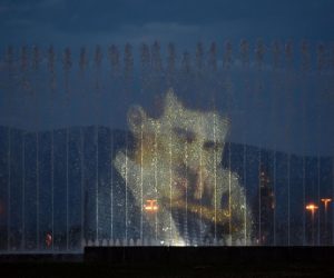 09.07.2019., Zagreb - U povodu 163. obljetnice rodjenja Nikole Tesle na gradskim fontanama projiciran je portret velikog znanstvenika. 
 Photo:  Davorin Visnjic/PIXSELL