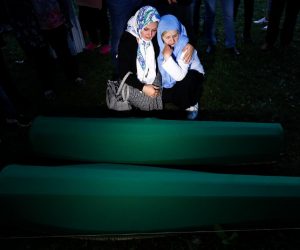 10.07.2019., Potocari, Bosna i Hercegovina - Tabuti s ostatcima 33 zrtve genocida izneseni iz tvornice akumulatora u musalu, gdje ce sutra biti pokopani. Photo: Armin Durgut/PIXSELL