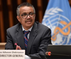 epa08525241 World Health Organization (WHO) Director-General Tedros Adhanom Ghebreyesus attends a press conference organized by the Geneva Association of United Nations Correspondents (ACANU) amid the COVID-19 pandemic, caused by the novel coronavirus, at the WHO headquarters in Geneva, Switzerland, 03 July 2020.  EPA/FABRICE COFFRINI