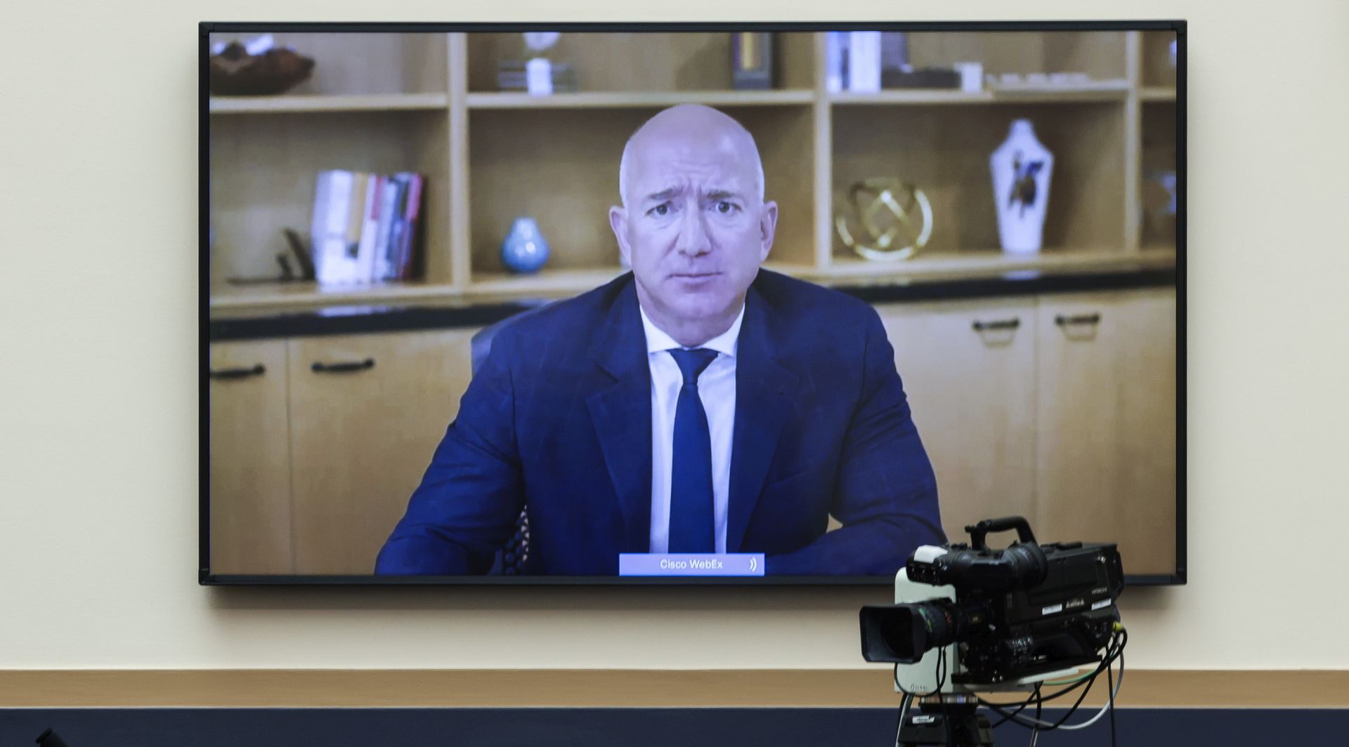 epa08573481 Amazon CEO Jeff Bezos testifies via video conference during a House Judiciary Subcommittee on Antitrust, Commercial and Administrative Law on 'Online Platforms and Market Power' in the Rayburn House office Building on Capitol Hill in Washington, DC, USA, on 29 July 2020.  EPA/Graeme Jennings / POOL