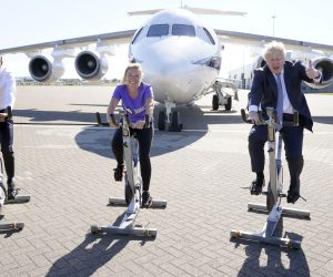 epa08574984 A handout photo made available by British Ministry of Defence shows Prime Minister Boris Johnson (R), the Chancellor Rishi Sunak (L), seen here joining Cpl Gemma Connell (C) from the Royal Squadron at RAF Northolt in her 24 hour cycle Challenge to raise money for Great Ormond Street Hospital, London, Britain, 30, July 2020. The event is a gruesome 24 Hrs of Spinning on the 29 July -30 July with the whole squadron taking part to help out. The reason that this charity was chosen was because a family member of Cpl Connell is currently undergoing care and treatments at GOSH.  EPA/Andrew Parsons / No10 Downing Street HANDOUT This image is for Editorial use purposes only. The Image can not be used for advertising or commercial use. The Image can not be altered in any form. HANDOUT EDITORIAL USE ONLY/NO SALES
